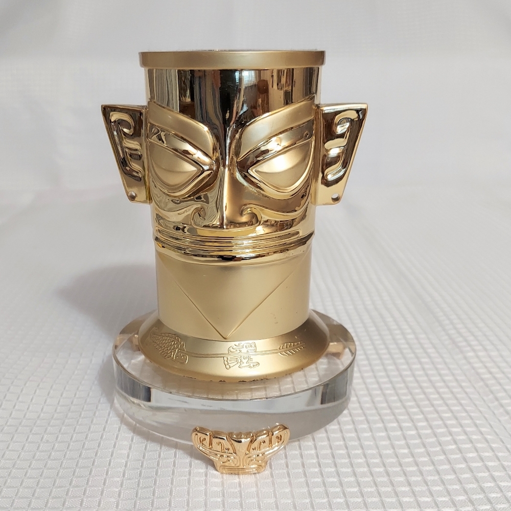 Chinese Dual Mask Face Pencil Pen Holder Gold Tone Glass Base Signed